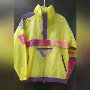 Vintage 80's New Face Retro Neon Yellow Windbreaker Color Block Sportswear Nylon